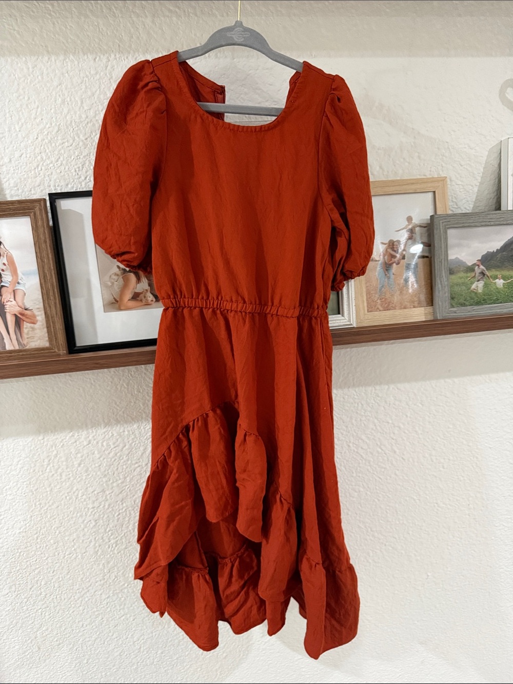 Joyfolie Girls Rust Red Puff Sleeve Ruffle Dress